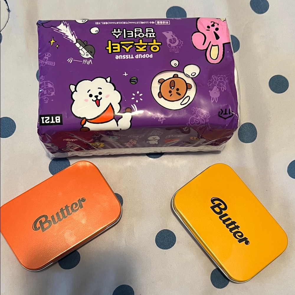 BT21 Popup Tissue Pack with Orange and Yellow Butter Tins